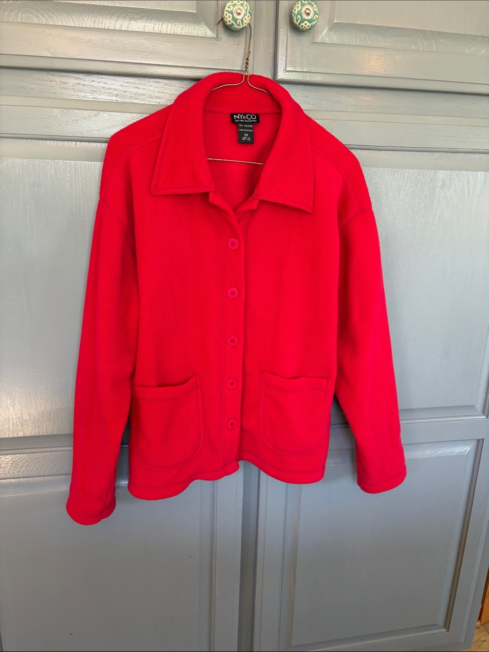 New York & Company Bright Red Button-Up Teddy Jacket